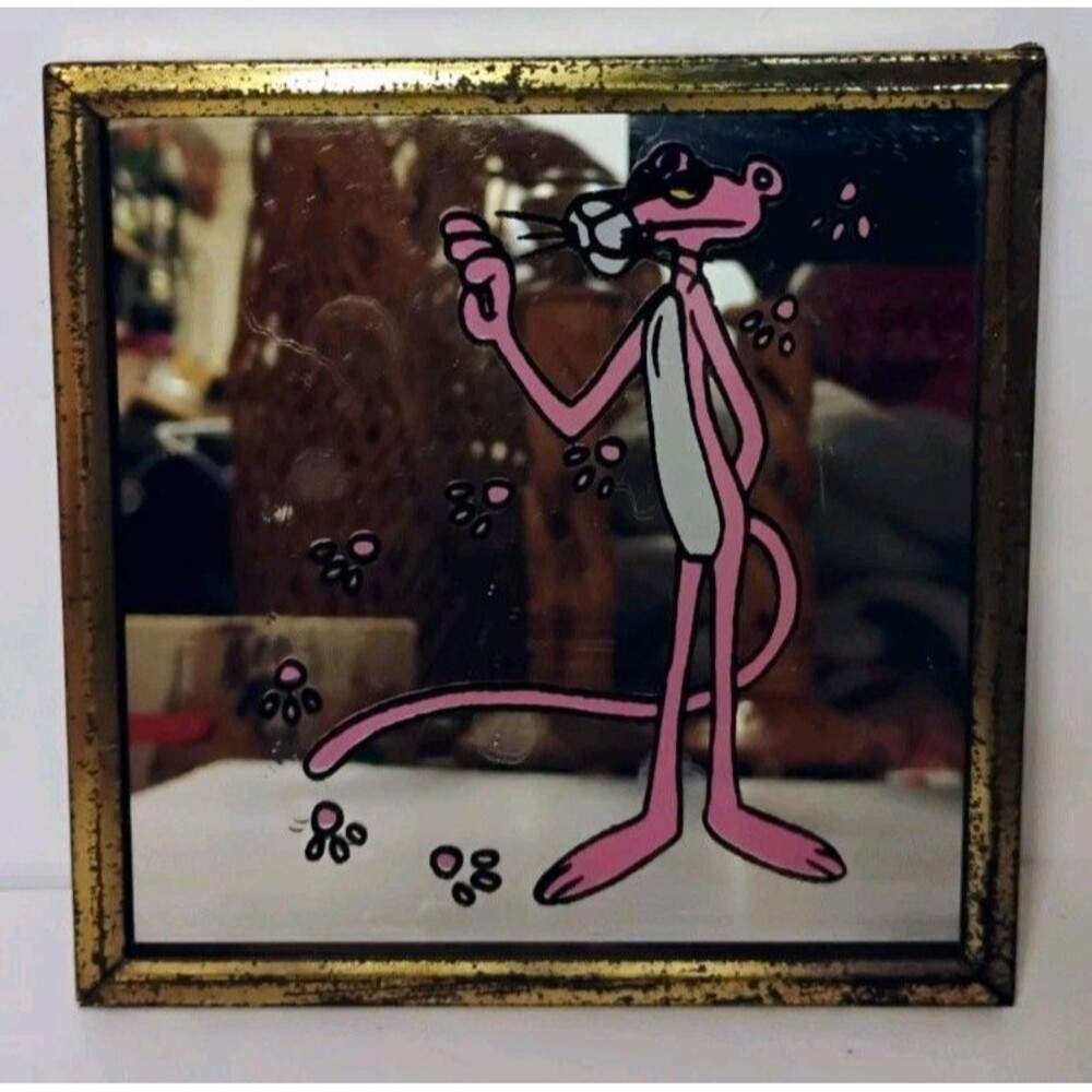 Vtg Pink Panther Carnival Prize Mirror Small Glass Wall Hanging Sign Retro 70s